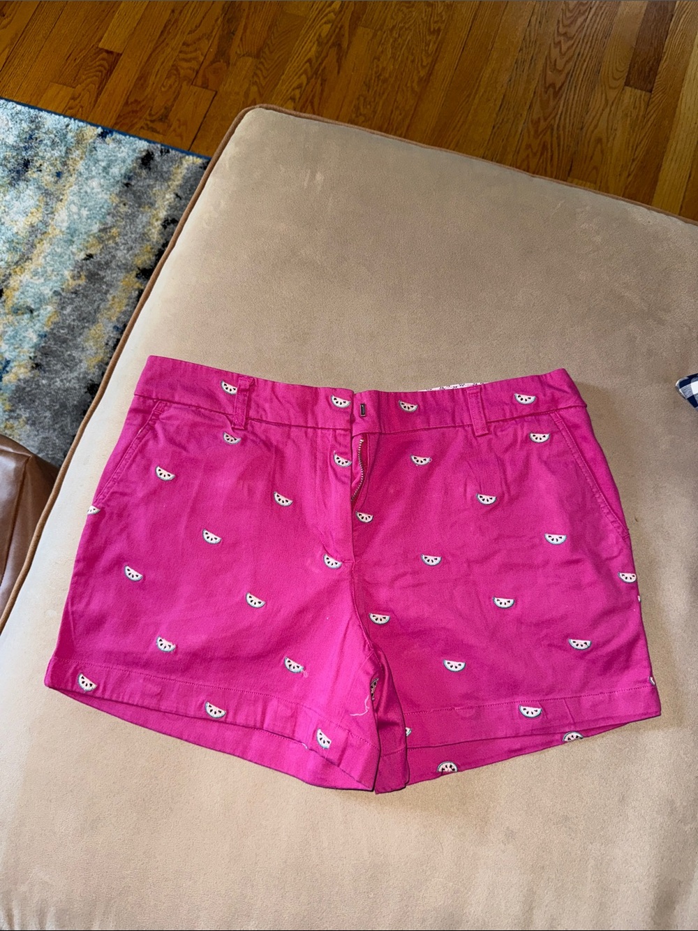 British Khaki Hot Pink Watermelon Embroidered Cotton Shorts